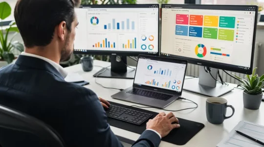 Professionnel analysant des dashboards d'acquisition digitale dans un bureau moderne