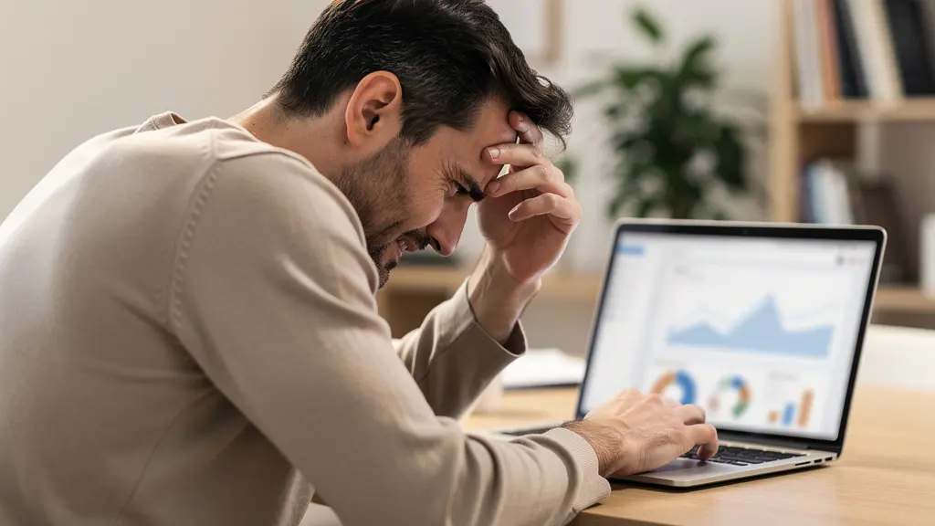Entrepreneur toulousain regardant son écran avec perplexité face à des statistiques de trafic
