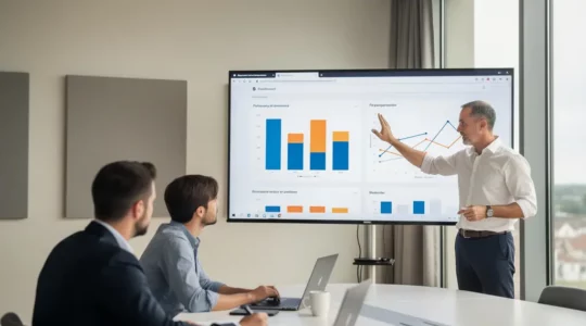 Stagiaires en formation SEO dans une salle moderne à Toulouse, écran de présentation analytics