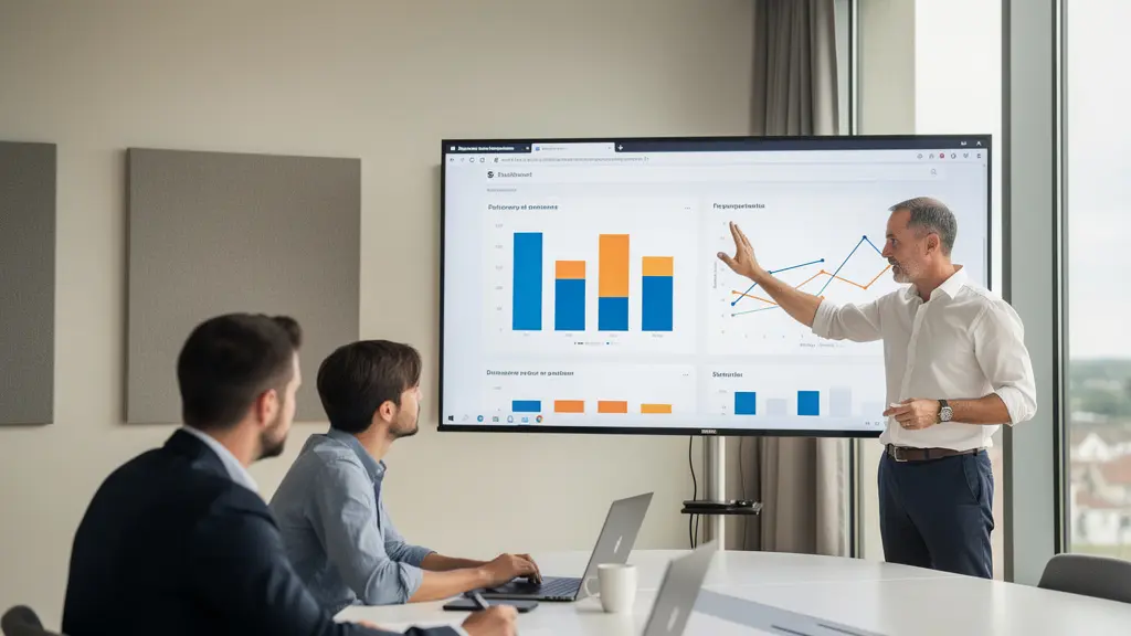 Stagiaires en formation SEO dans une salle moderne à Toulouse, écran de présentation analytics