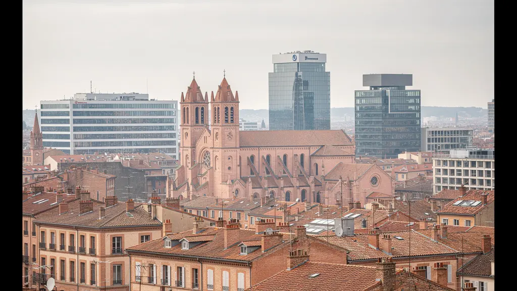 Skyline de Toulouse mêlant architecture traditionnelle en brique rose et bâtiments modernes